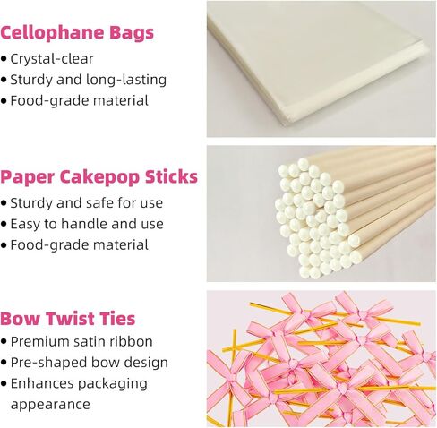 Roxjaejae 150 Pcs Cake Pop Kit, Paper Cake Pop Sticks with Clear Cellophane Bags and Pink Bow Twist Ties, Cake Pops Making Tools for Lollipops, Candies, Chocolates, Cookies, DIY Desserts in Saudi Arabia