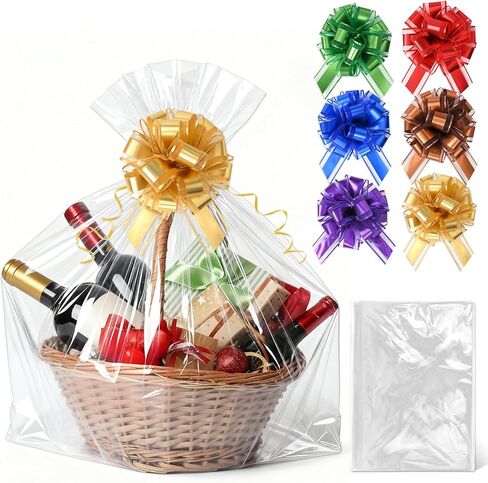 Philbinden 6 PCS 30 x 40 Inch Extra Large Cellophane Gift Bags,Includes 6 PCS Pull Gift Bows - Clear Cello Gift Bags for Gift Baskets Baby Shower Birthday Wedding Party favor in Saudi Arabia