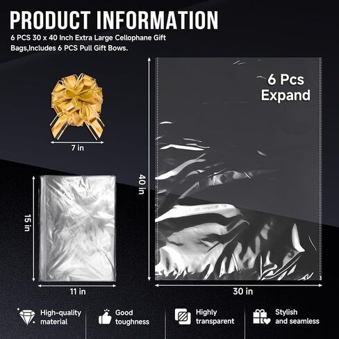 Philbinden 6 PCS 30 x 40 Inch Extra Large Cellophane Gift Bags,Includes 6 PCS Pull Gift Bows - Clear Cello Gift Bags for Gift Baskets Baby Shower Birthday Wedding Party favor in Saudi Arabia