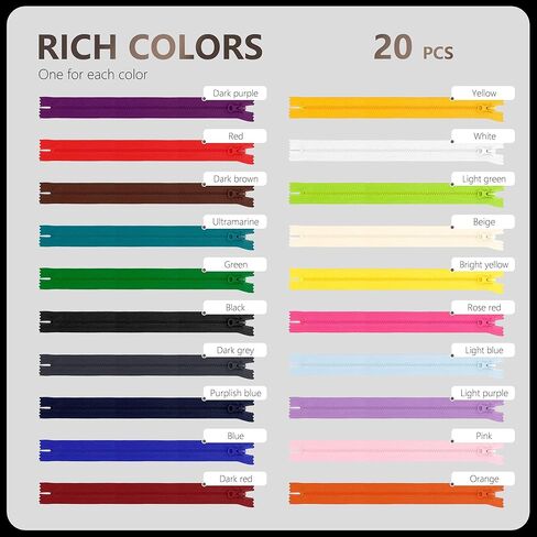 20Pcs Resin Zippers #5 Non-Separating Close-End Zipper with Pulls for Sewing Clothing Bag Outerwear Pockets Handbag Crafts DIY Mixed 20 Colors (30cm/12in) in Saudi Arabia