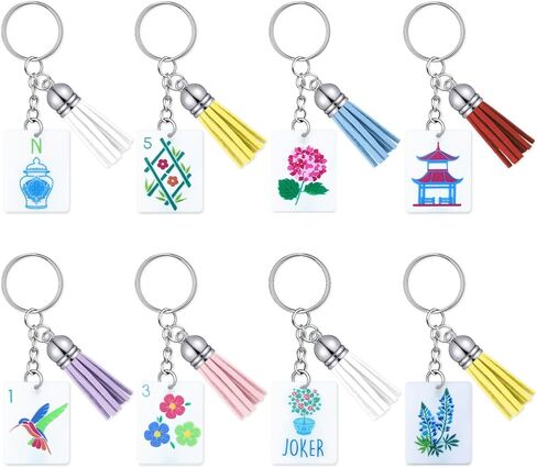 Novabright 8 Pcs Mahjong Tile Keychain with Tassels Funny Bag Ornament Acrylic Key Rings Set Mahjong Jewelry Accessories for Women Men Gifts Valentines Romantic Party Favors, 8 Styles in Saudi Arabia