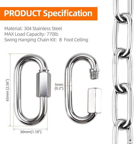 Yaeccc 2 Pack Heavy Duty Porch Swing Hanging Chain Kit,Hammock Chair Hardware for Indoor/Outdoor Hanging Chairs, Punching Bags, Rustproof, 770LB Capacity(Silver, 87'' Long Chain) in Saudi Arabia