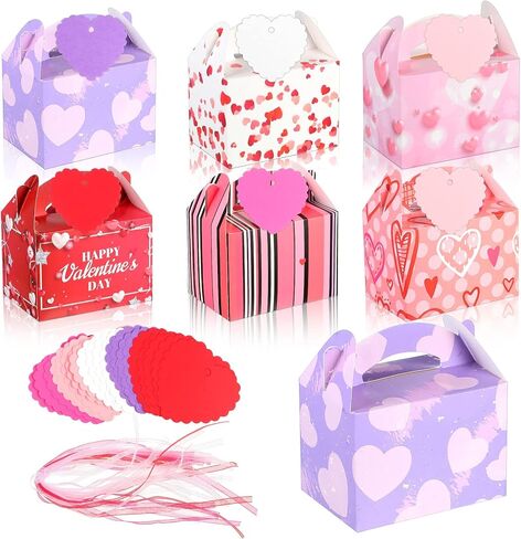 Epakh Sets of 30 Valentine's Day Treat Boxes with Heart Tags and Ribbons, Pink Heart Prints Goodie Box Valentines Candy Cookie Containers for Valentine's Day Party Favor in Saudi Arabia