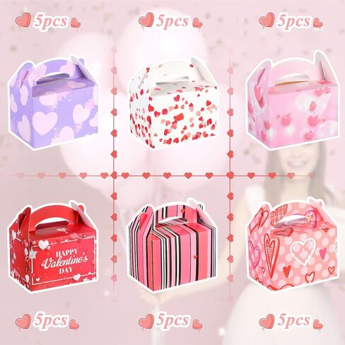 Epakh Sets of 30 Valentine's Day Treat Boxes with Heart Tags and Ribbons, Pink Heart Prints Goodie Box Valentines Candy Cookie Containers for Valentine's Day Party Favor in Saudi Arabia