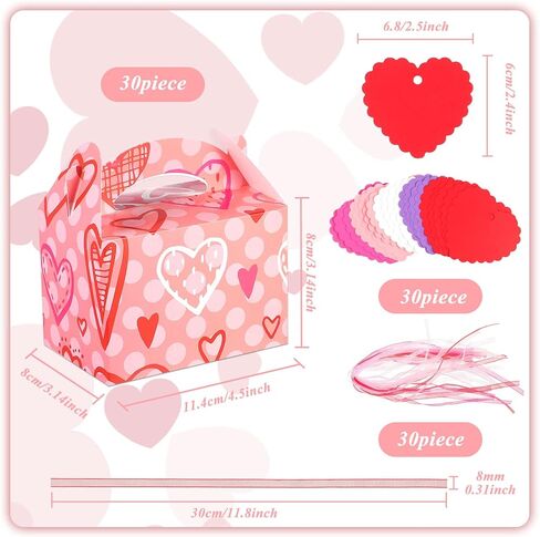 Epakh Sets of 30 Valentine's Day Treat Boxes with Heart Tags and Ribbons, Pink Heart Prints Goodie Box Valentines Candy Cookie Containers for Valentine's Day Party Favor in Saudi Arabia