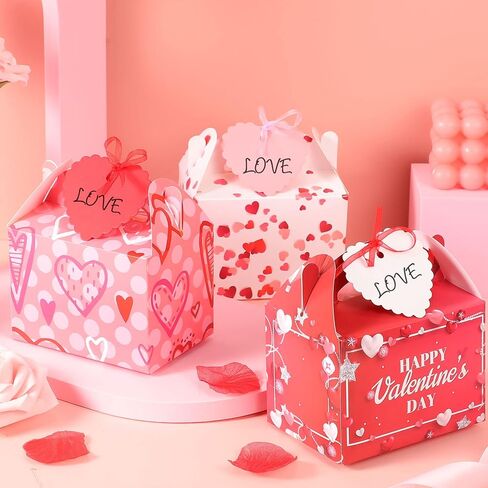 Epakh Sets of 30 Valentine's Day Treat Boxes with Heart Tags and Ribbons, Pink Heart Prints Goodie Box Valentines Candy Cookie Containers for Valentine's Day Party Favor in Saudi Arabia