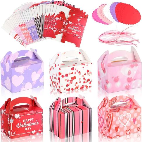 Epakh Sets of 30 Valentine's Day Treat Boxes with Heart Tags and Ribbons, Pink Heart Prints Goodie Box Valentines Candy Cookie Containers for Valentine's Day Party Favor in Saudi Arabia