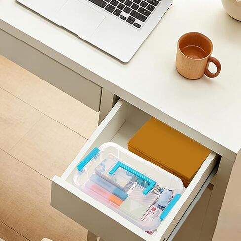 صندوق تخزين بلاستيكي شفاف من BTSKY، حاوية تنظيم محمولة بمقبض أزرق، صندوق تخزين قابل للتكديس للمنزل المكتبي، صندوق حاوية متعدد الاستخدام مع غطاء لمستلزمات الخياطة الحرفية والمجوهرات القرطاسية in Saudi Arabia
