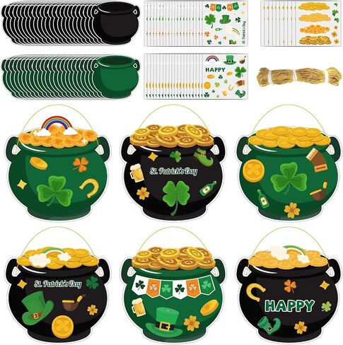LUFEEMGA 40-Pack St. Patrick's Day Sticker Craft Set, Pot of Gold Cauldron Cutouts with 50 Sticker Sheets & Gold Elastic Cord, Shamrock Coin Leprechaun Hat Theme, Bulletin Board Classroom Party Decor in Kuwait