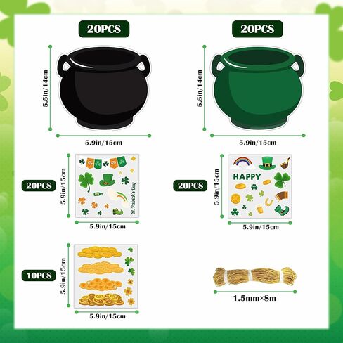LUFEEMGA 40-Pack St. Patrick's Day Sticker Craft Set, Pot of Gold Cauldron Cutouts with 50 Sticker Sheets & Gold Elastic Cord, Shamrock Coin Leprechaun Hat Theme, Bulletin Board Classroom Party Decor in Kuwait