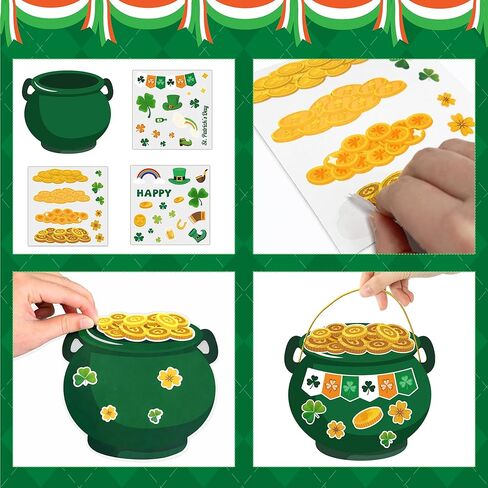 LUFEEMGA 40-Pack St. Patrick's Day Sticker Craft Set, Pot of Gold Cauldron Cutouts with 50 Sticker Sheets & Gold Elastic Cord, Shamrock Coin Leprechaun Hat Theme, Bulletin Board Classroom Party Decor in Kuwait