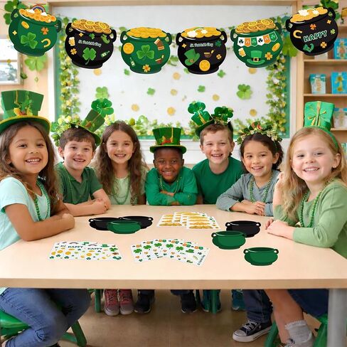 LUFEEMGA 40-Pack St. Patrick's Day Sticker Craft Set, Pot of Gold Cauldron Cutouts with 50 Sticker Sheets & Gold Elastic Cord, Shamrock Coin Leprechaun Hat Theme, Bulletin Board Classroom Party Decor in Kuwait