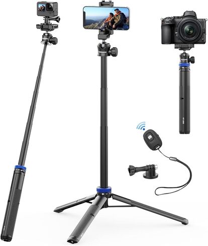 حامل ثلاثي القوائم لعصا سيلفي Kaitezenz لكاميرا Gopro، حامل ثلاثي القوائم قابل للتمديد 62 بوصة مع برغي 360 درجة رأس كروي 1/4 بوصة، حامل ثلاثي محمول خفيف الوزن للكاميرا لـ Max Hero 13 12 11 10 DJI OSMO Pocket3 Action Camera in Kuwait