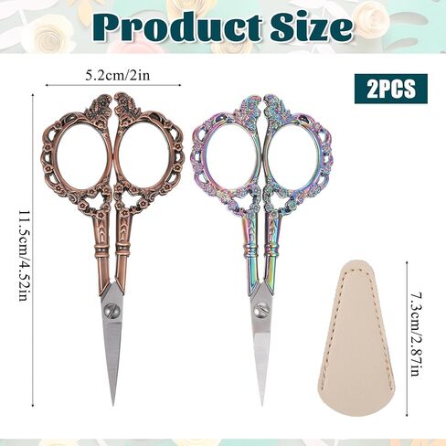 2 Pcs Small Craft Scissors with Cover, Pointed Tip Crochet Scissor, Sewing Embroidery Scissor, Pretty Embroidery Scissors, Vintage Handle for Crochet, Fabric, Paper, DIY Crafts (Red bronze and Color) in Saudi Arabia
