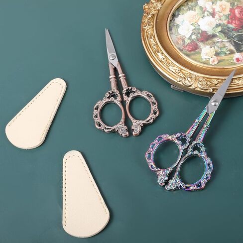 2 Pcs Small Craft Scissors with Cover, Pointed Tip Crochet Scissor, Sewing Embroidery Scissor, Pretty Embroidery Scissors, Vintage Handle for Crochet, Fabric, Paper, DIY Crafts (Red bronze and Color) in Saudi Arabia