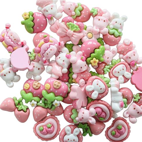 40Pcs Slime Charms Cute Set,Pink Bulk Mixed Flatback Bunny Strawberry Resin Charms Set Ornament for DIY Resin Jewelry Making Scrapbooking Hairpin Decors in Saudi Arabia