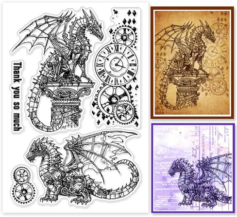 1 Sheet PVC Plastic Clear Stamps, Custom Animal Themed Silicone Stamp, Dragon and Clock Pattern Transparent Stamps for DIY Scrapbooking Photo Album Decorative Cards Making, 6.3x4.33inch in Saudi Arabia