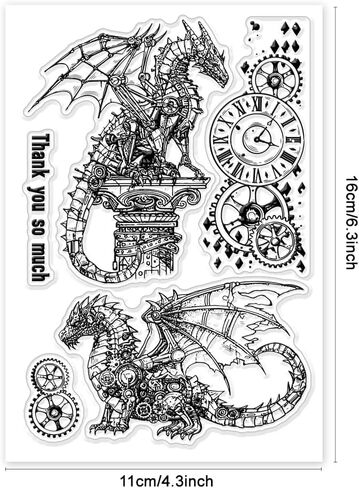 1 Sheet PVC Plastic Clear Stamps, Custom Animal Themed Silicone Stamp, Dragon and Clock Pattern Transparent Stamps for DIY Scrapbooking Photo Album Decorative Cards Making, 6.3x4.33inch in Saudi Arabia