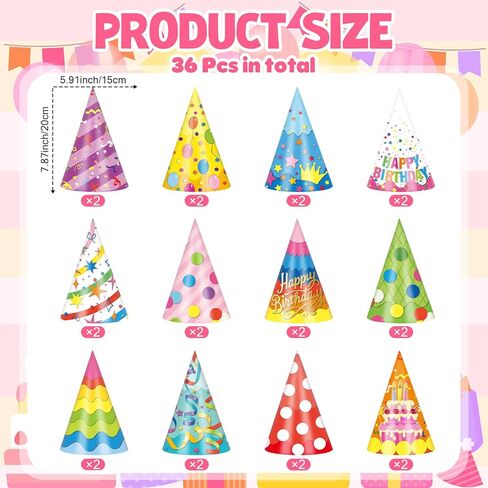 36 Pcs Happy Birthday Cone Hats Colorful Paper Crowns Headwear Birthday Party Hats Cake Balloons Confetti Headbands Photo Props for Students School Classroom Party Supplies Favors in Saudi Arabia
