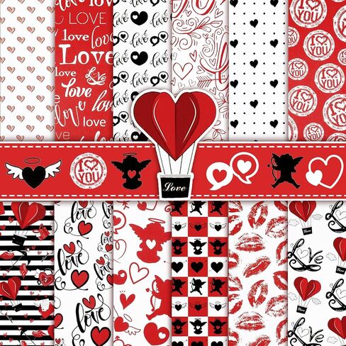 Konsait 24 Sheets Valentine Origami Paper 6x6, Single Sided Valentines Decorative Cardstock Black Red and White Patterned Paper Love Craft Paper Sheets for Card Making Scrapbook Supplies in Saudi Arabia