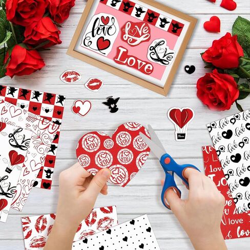 Konsait 24 Sheets Valentine Origami Paper 6x6, Single Sided Valentines Decorative Cardstock Black Red and White Patterned Paper Love Craft Paper Sheets for Card Making Scrapbook Supplies in Saudi Arabia