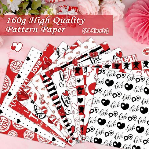 Konsait 24 Sheets Valentine Origami Paper 6x6, Single Sided Valentines Decorative Cardstock Black Red and White Patterned Paper Love Craft Paper Sheets for Card Making Scrapbook Supplies in Saudi Arabia