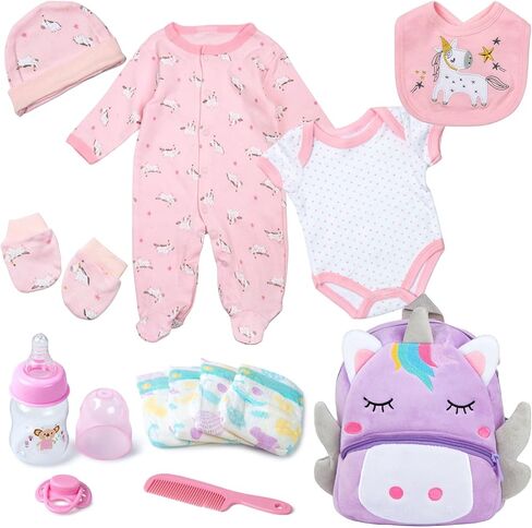 Pedolltree Reborn Baby Dolls Clothes Girl Unicorn Theme Outfit Accessories 13 Pcs for 17-22 Inch Reborn Dolls Newborn Baby Girl with Pink Unicorn Backpack in Saudi Arabia