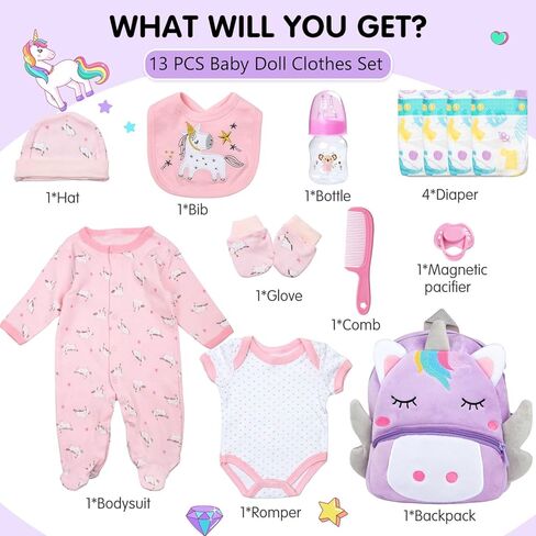 Pedolltree Reborn Baby Dolls Clothes Girl Unicorn Theme Outfit Accessories 13 Pcs for 17-22 Inch Reborn Dolls Newborn Baby Girl with Pink Unicorn Backpack in Saudi Arabia