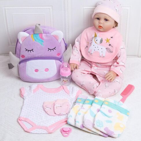 Pedolltree Reborn Baby Dolls Clothes Girl Unicorn Theme Outfit Accessories 13 Pcs for 17-22 Inch Reborn Dolls Newborn Baby Girl with Pink Unicorn Backpack in Saudi Arabia