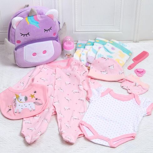 Pedolltree Reborn Baby Dolls Clothes Girl Unicorn Theme Outfit Accessories 13 Pcs for 17-22 Inch Reborn Dolls Newborn Baby Girl with Pink Unicorn Backpack in Saudi Arabia