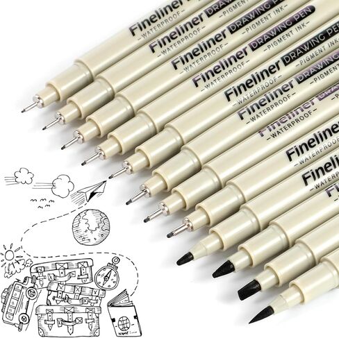 مجموعة أقلام رسم فنية من Fineliner مكونة من 12 قطعة من أقلام الحبر الصباغ الأسود المقاوم للماء تحدد علامات الجودة الأرشيفية، رفيعة لا تنزف، لوازم سلسة للفنانين، رسم المانغا لليوميات، رسم توضيحي in Saudi Arabia