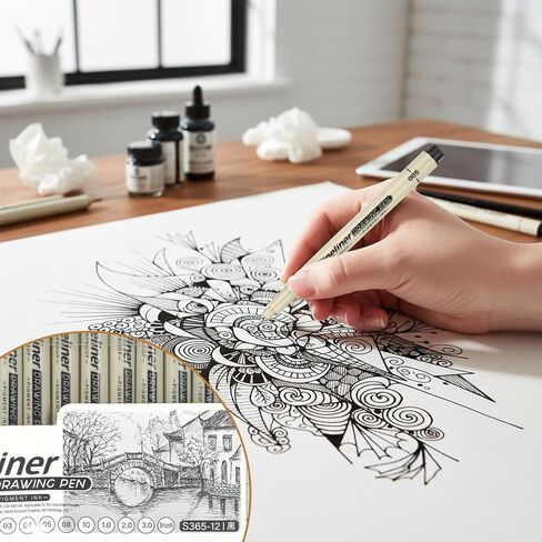 مجموعة أقلام رسم فنية من Fineliner مكونة من 12 قطعة من أقلام الحبر الصباغ الأسود المقاوم للماء تحدد علامات الجودة الأرشيفية، رفيعة لا تنزف، لوازم سلسة للفنانين، رسم المانغا لليوميات، رسم توضيحي in Saudi Arabia