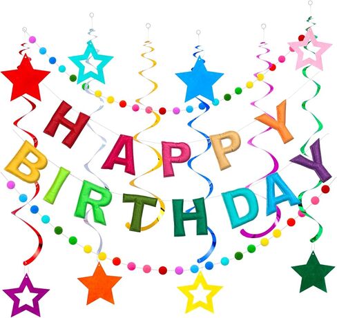 Pre-Strung Happy Birthday Banner, Rainbow Felt Birthday Banner with Colorful Pom Pom Garlands, Stars Hanging Swirl Streamers, Reusable Felt Garland Party Decorations for Women Men Girls Boys， in Saudi Arabia