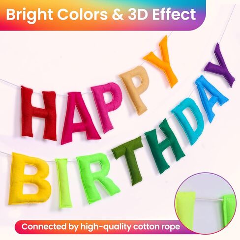 Pre-Strung Happy Birthday Banner, Rainbow Felt Birthday Banner with Colorful Pom Pom Garlands, Stars Hanging Swirl Streamers, Reusable Felt Garland Party Decorations for Women Men Girls Boys， in Saudi Arabia