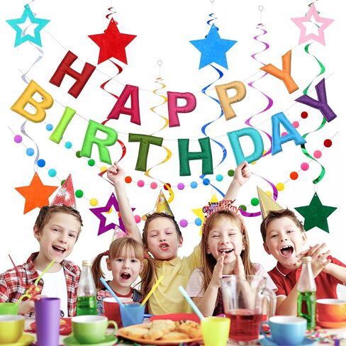 Pre-Strung Happy Birthday Banner, Rainbow Felt Birthday Banner with Colorful Pom Pom Garlands, Stars Hanging Swirl Streamers, Reusable Felt Garland Party Decorations for Women Men Girls Boys， in Saudi Arabia