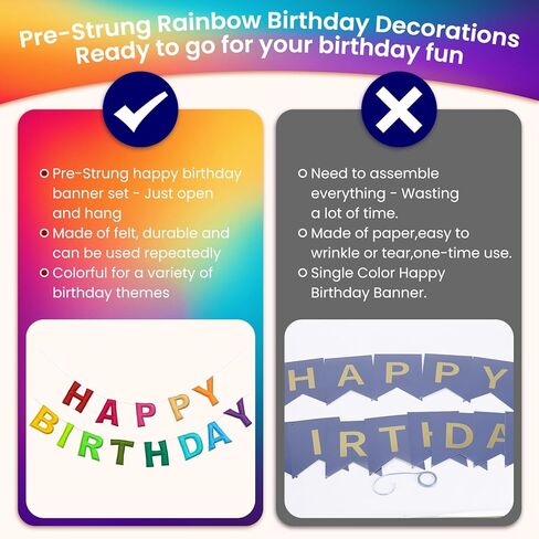 Pre-Strung Happy Birthday Banner, Rainbow Felt Birthday Banner with Colorful Pom Pom Garlands, Stars Hanging Swirl Streamers, Reusable Felt Garland Party Decorations for Women Men Girls Boys， in Saudi Arabia