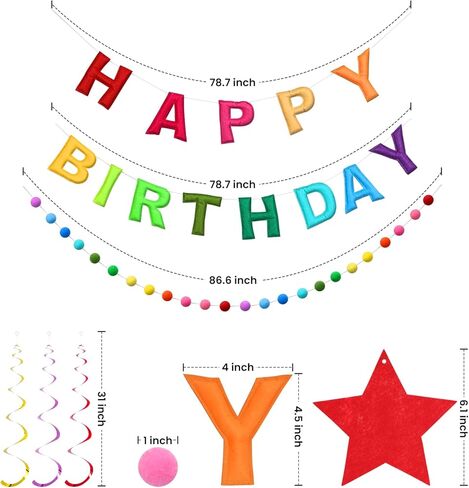 Pre-Strung Happy Birthday Banner, Rainbow Felt Birthday Banner with Colorful Pom Pom Garlands, Stars Hanging Swirl Streamers, Reusable Felt Garland Party Decorations for Women Men Girls Boys， in Saudi Arabia