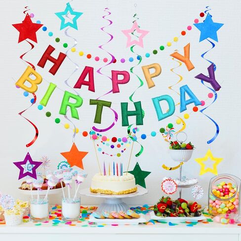 Pre-Strung Happy Birthday Banner, Rainbow Felt Birthday Banner with Colorful Pom Pom Garlands, Stars Hanging Swirl Streamers, Reusable Felt Garland Party Decorations for Women Men Girls Boys， in Saudi Arabia