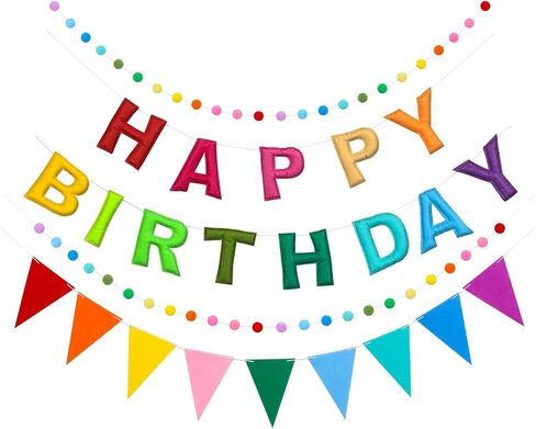 Pre-Strung Happy Birthday Banner, Rainbow Felt Birthday Banner with Colorful Pom Pom Garlands, Stars Hanging Swirl Streamers, Reusable Felt Garland Party Decorations for Women Men Girls Boys， in Saudi Arabia
