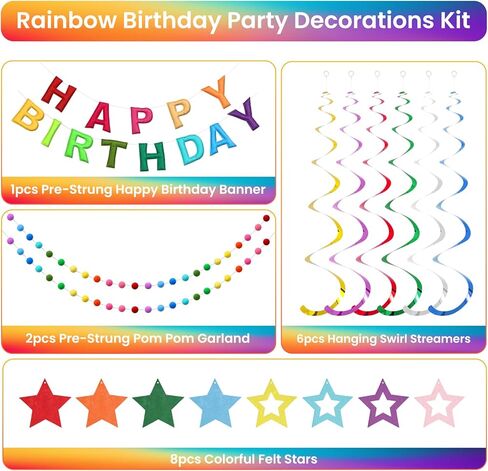 Pre-Strung Happy Birthday Banner, Rainbow Felt Birthday Banner with Colorful Pom Pom Garlands, Stars Hanging Swirl Streamers, Reusable Felt Garland Party Decorations for Women Men Girls Boys， in Saudi Arabia