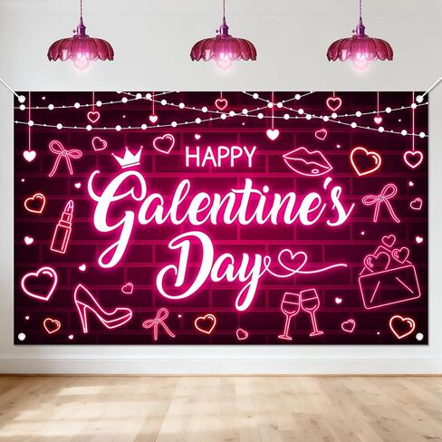 Avezano Happy Galentines Day Banner Pink Neon Galentines Day Party Decorations Backdrop Girls Ladies Valentine's Day Party Decorations Supplies (6x3.6ft) in Saudi Arabia