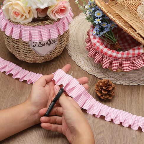 Gingham Ruffle Trim Lace 1.5" Rustic Christmas Decorative Lace Wreath Handmade Lace DIY Christmas Tree Sewing Crafts Pillowcase Decorative 5 Yards (Pink) in Saudi Arabia