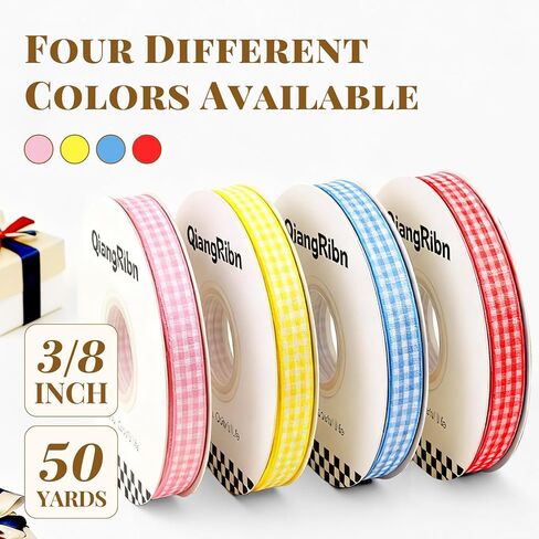 QIANGRIBN Yellow Gingham Ribbon, 3/8" x 50 Yards Soft Polyester Checkered & Plaid Ribbon for Gift Wrapping DIY Crafts Hair Bows Bouquets & Party Baking Valentine's Day Easter Holiday Decorations in Saudi Arabia