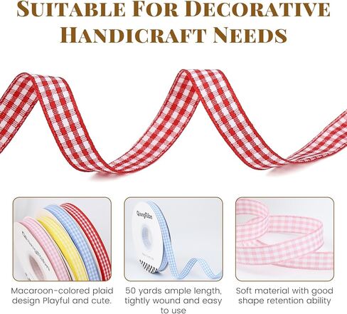 QIANGRIBN Yellow Gingham Ribbon, 3/8" x 50 Yards Soft Polyester Checkered & Plaid Ribbon for Gift Wrapping DIY Crafts Hair Bows Bouquets & Party Baking Valentine's Day Easter Holiday Decorations in Saudi Arabia