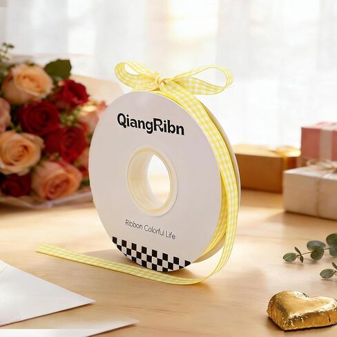 QIANGRIBN Yellow Gingham Ribbon, 3/8" x 50 Yards Soft Polyester Checkered & Plaid Ribbon for Gift Wrapping DIY Crafts Hair Bows Bouquets & Party Baking Valentine's Day Easter Holiday Decorations in Saudi Arabia