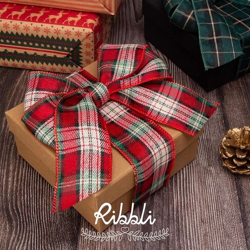 Ribbli 6 لفات شريط سلكي لعيد الميلاد، خيش أحمر طبيعي/منقوش الجاموس/شريط منقوش أحمر وأخضر، 2 بوصة إجمالي 30 ياردة، شريط عيد الميلاد للحرف اليدوية، القوس الكبير، تغليف الهدايا، إكليل الزهور، تزيين الشجرة in Saudi Arabia