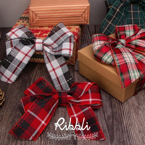 Ribbli 6 لفات شريط سلكي لعيد الميلاد، خيش أحمر طبيعي/منقوش الجاموس/شريط منقوش أحمر وأخضر، 2 بوصة إجمالي 30 ياردة، شريط عيد الميلاد للحرف اليدوية، القوس الكبير، تغليف الهدايا، إكليل الزهور، تزيين الشجرة in Saudi Arabia