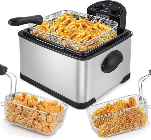 Secura 4 Liters / 17-Cup Stainless-Steel 1700-Watt Electric Deep Fryer with Timer Free Extra Odor Filter, Triple Basket, 4.5 Quarts, Silver in Kuwait