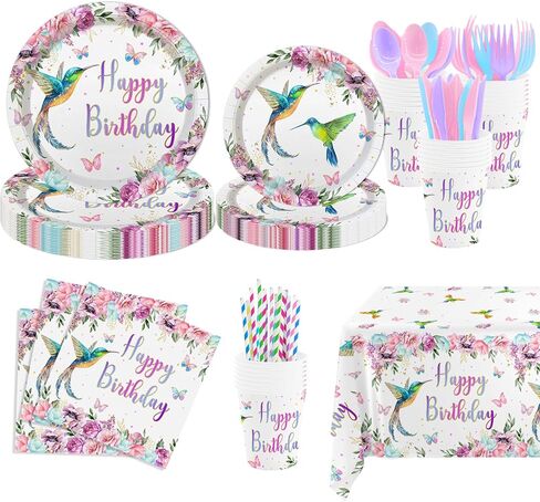 MEHOFOND Hummingbird Birthday Party Decorations, Bird Party Supplies, Spring Floral Watercolor Disposable Tableware Set 193Pcs Plates Napkins Plastic Tablecloth for Birthday Party in Saudi Arabia