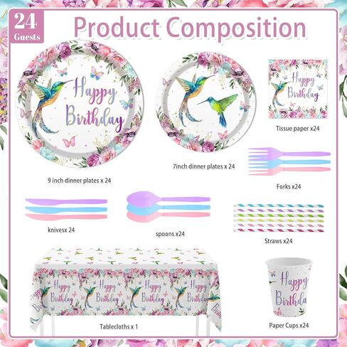 MEHOFOND Hummingbird Birthday Party Decorations, Bird Party Supplies, Spring Floral Watercolor Disposable Tableware Set 193Pcs Plates Napkins Plastic Tablecloth for Birthday Party in Saudi Arabia